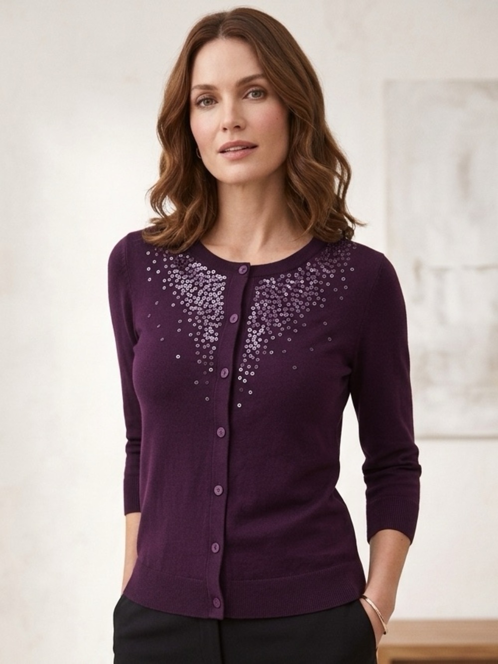 Merona Cardigan Sweater Women's Size XS Purple delicate sequin embellishments